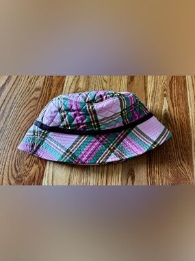 Lands' End Quilted Plaid Bucket Hat Pink, Green and Brown lined with Primaloft